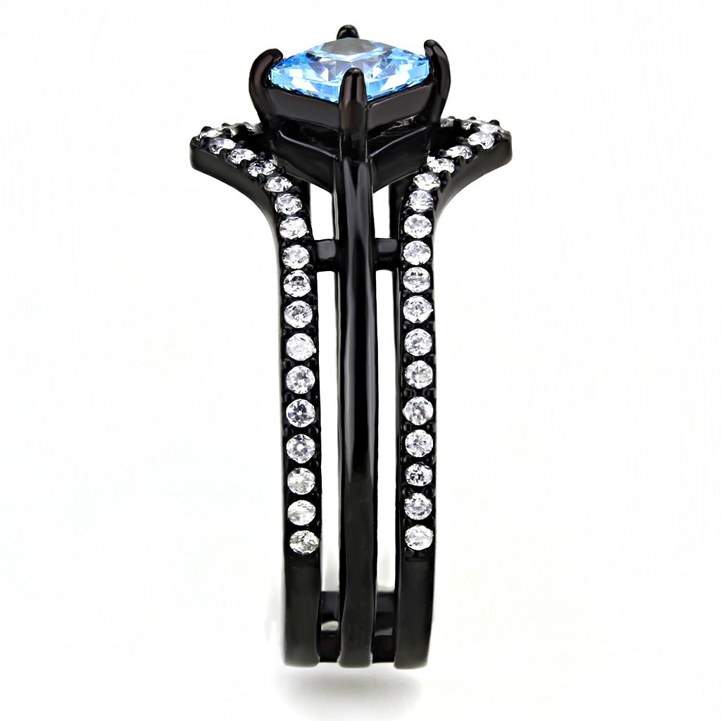 TK3562 - IP Black(Ion Plating) Stainless Steel Ring with AAA Grade CZ in Sea Blue