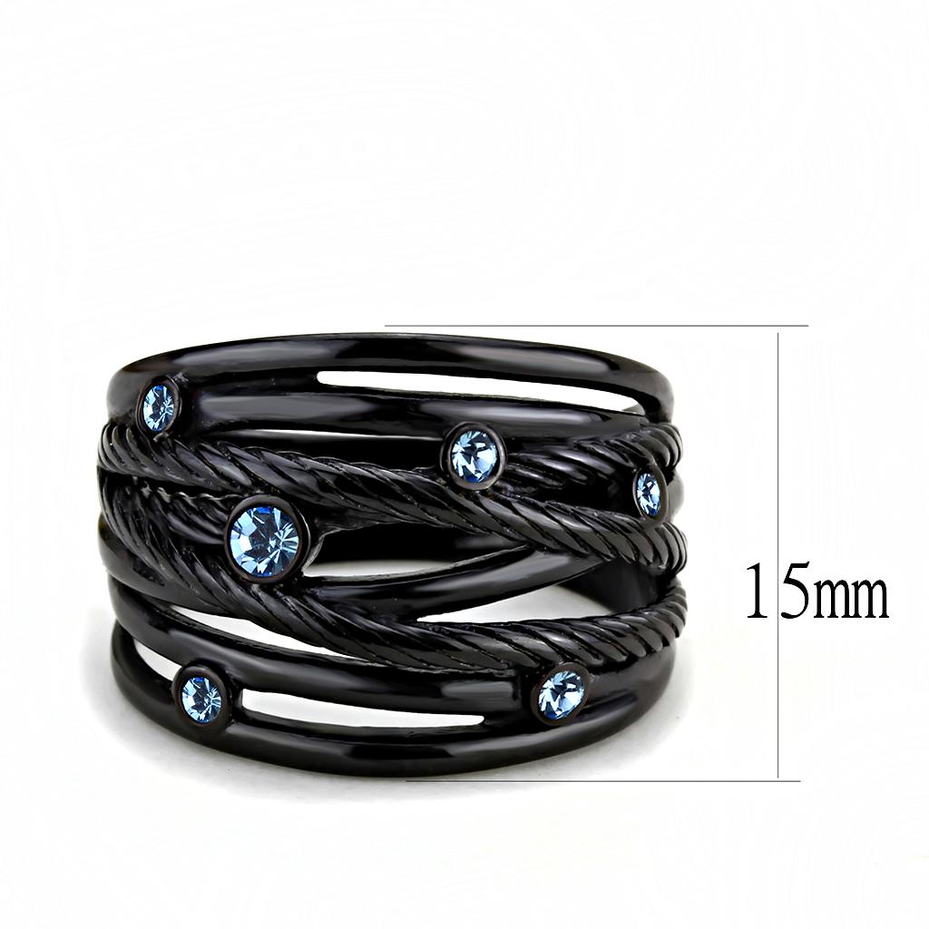 TK3564 - IP Black(Ion Plating) Stainless Steel Ring with Top Grade Crystal in Sea Blue