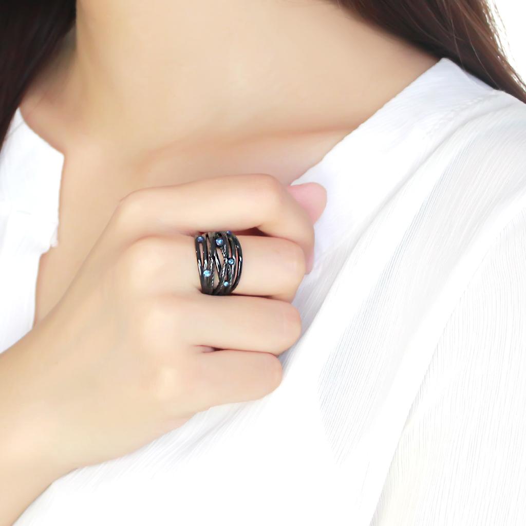 TK3564 - IP Black(Ion Plating) Stainless Steel Ring with Top Grade Crystal in Sea Blue