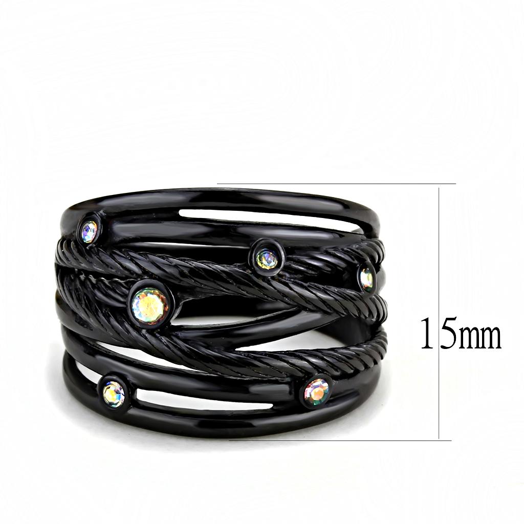 TK3566 - IP Black(Ion Plating) Stainless Steel Ring with Top Grade Crystal in Aurora Borealis (Rainbow Effect)