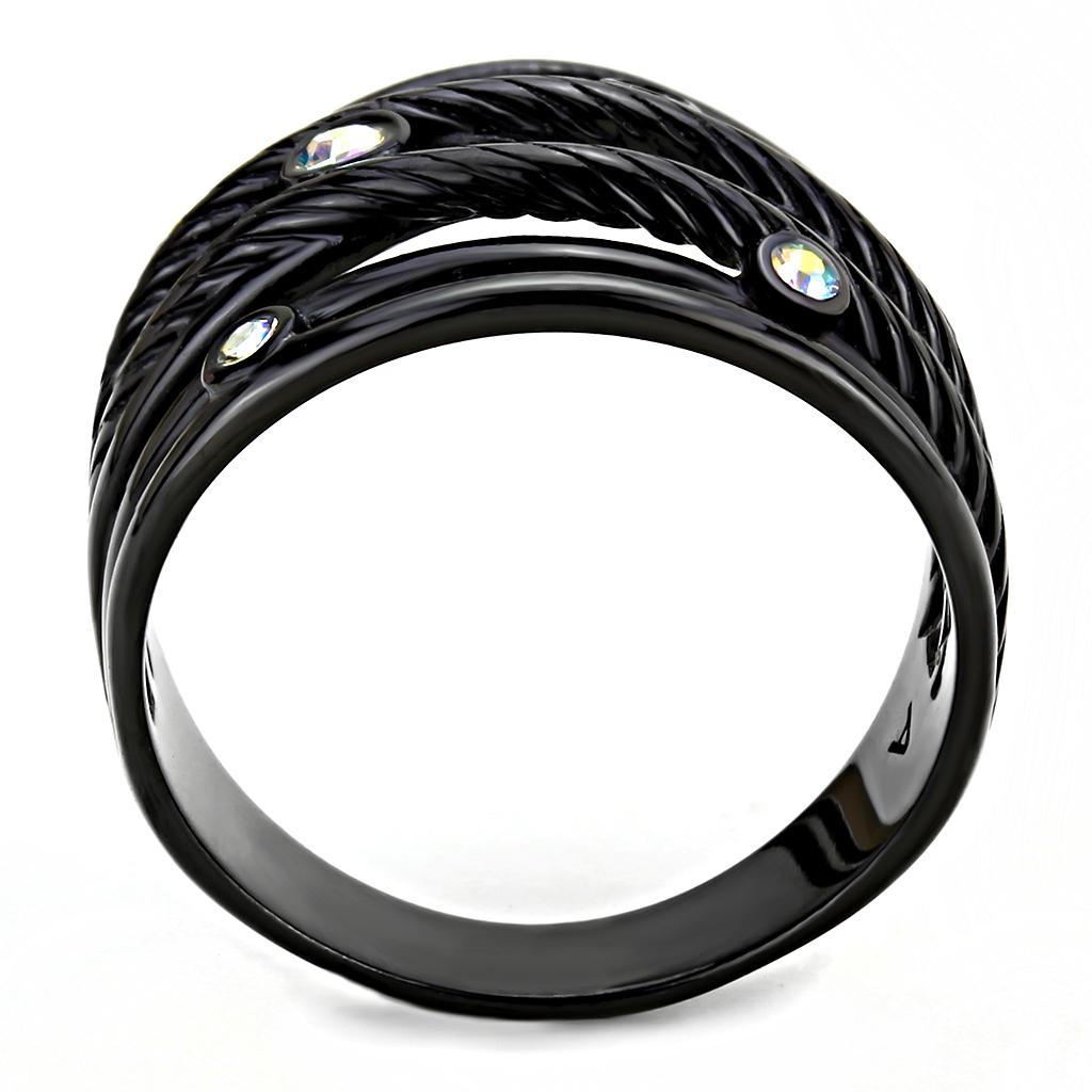 TK3566 - IP Black(Ion Plating) Stainless Steel Ring with Top Grade Crystal in Aurora Borealis (Rainbow Effect)