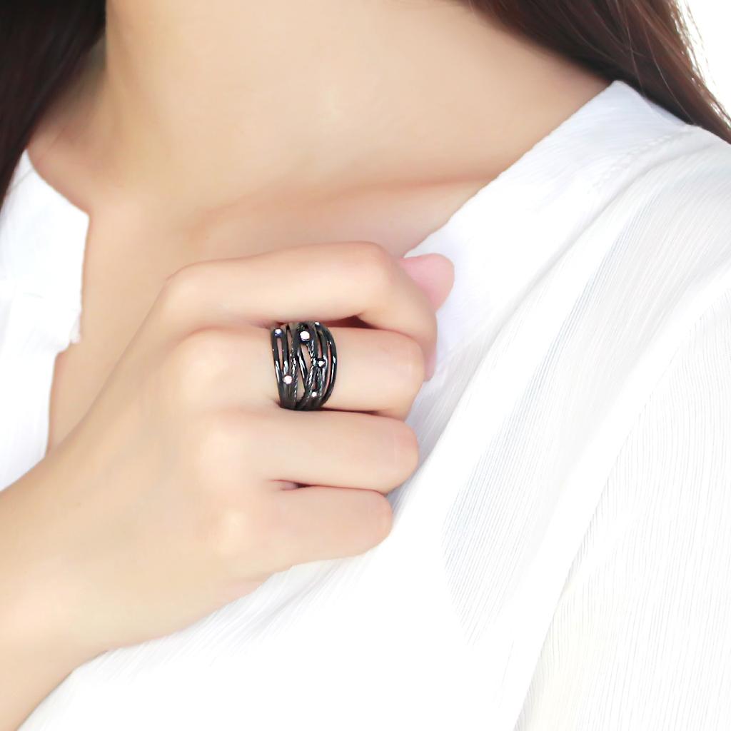 TK3566 - IP Black(Ion Plating) Stainless Steel Ring with Top Grade Crystal in Aurora Borealis (Rainbow Effect)