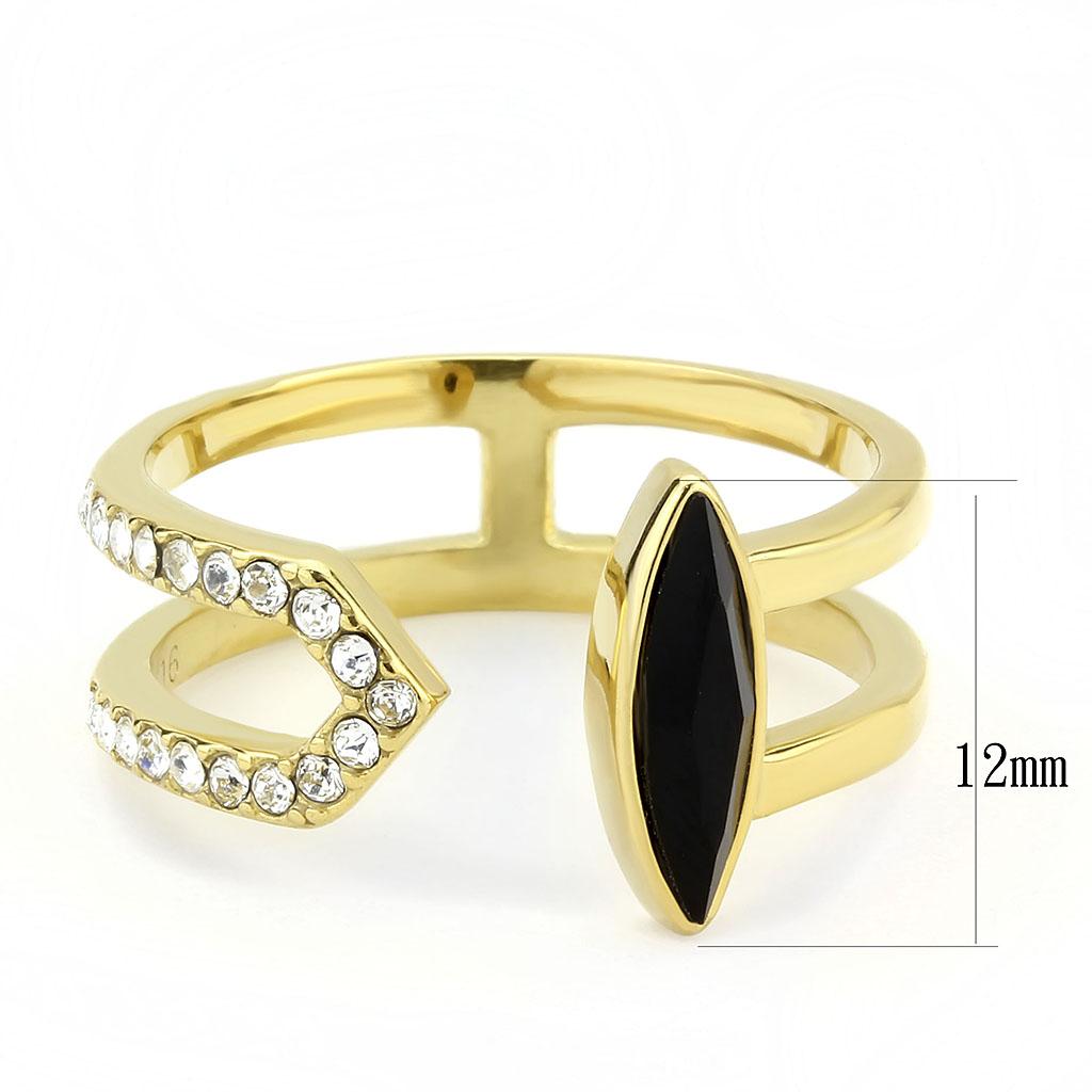 TK3591 - IP Gold(Ion Plating) Stainless Steel Ring with Top Grade Crystal in Jet