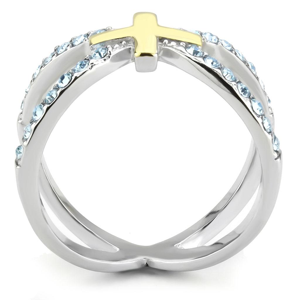 TK3636 - Two-Tone IP Gold (Ion Plating) Stainless Steel Ring with Top Grade Crystal in Sea Blue