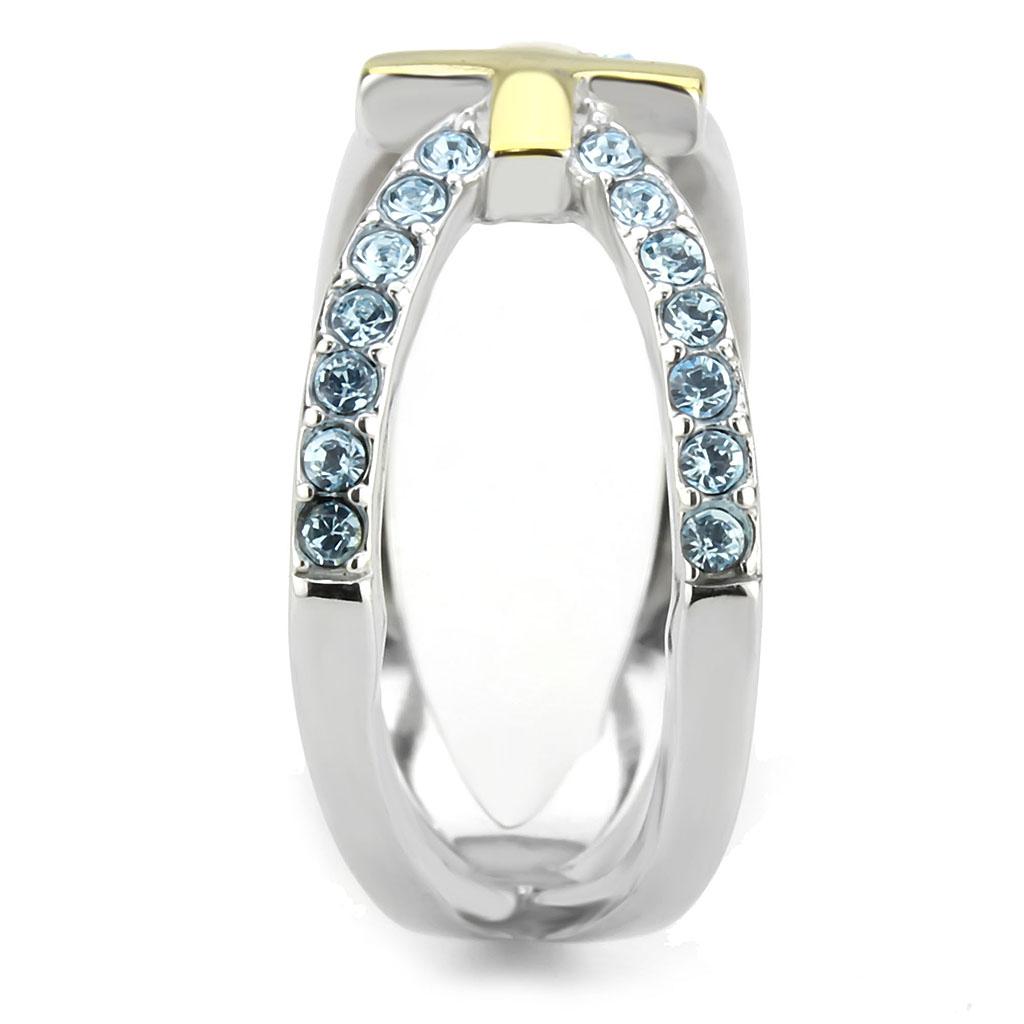 TK3636 - Two-Tone IP Gold (Ion Plating) Stainless Steel Ring with Top Grade Crystal in Sea Blue
