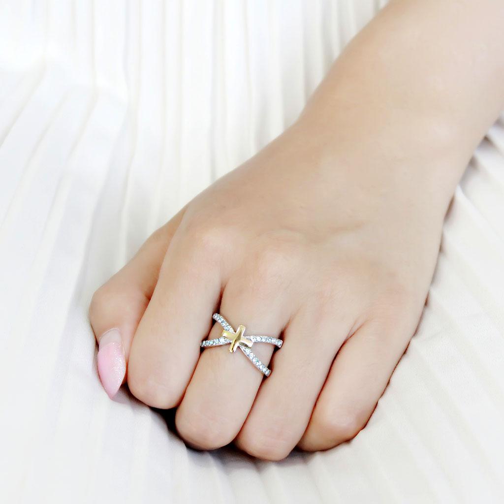 TK3636 - Two-Tone IP Gold (Ion Plating) Stainless Steel Ring with Top Grade Crystal in Sea Blue