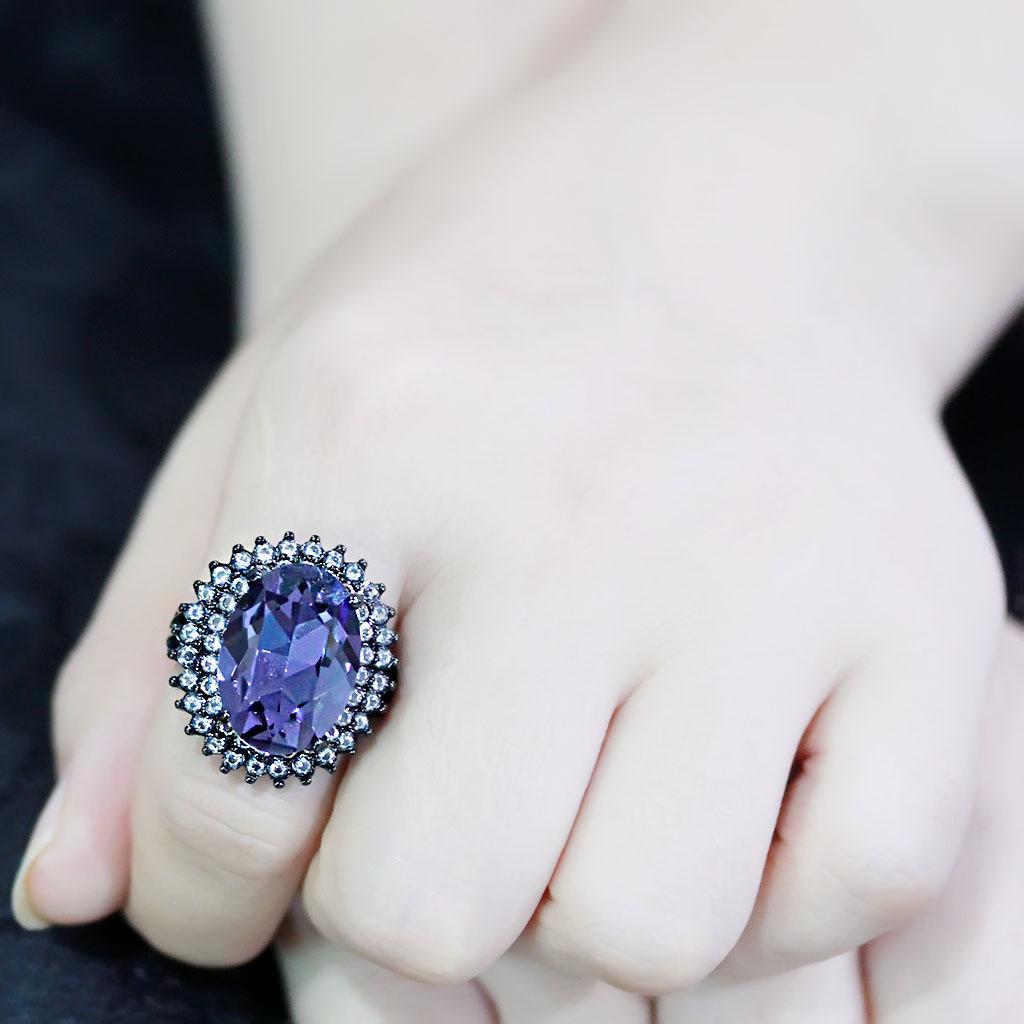 TK3687 - IP Black(Ion Plating) Stainless Steel Ring with Top Grade Crystal in Tanzanite
