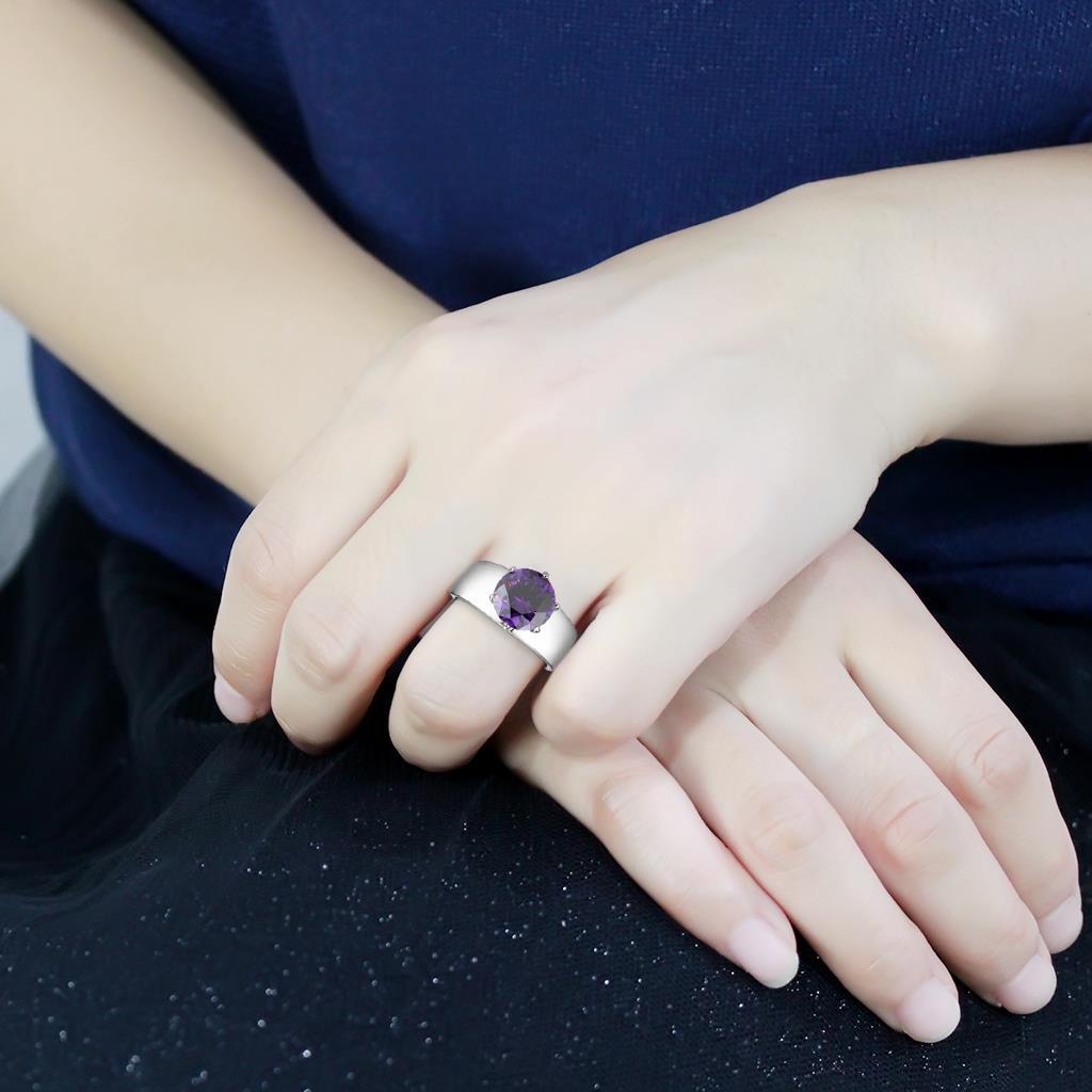 TK52002 - High polished (no plating) Stainless Steel Ring with AAA Grade CZ in Amethyst