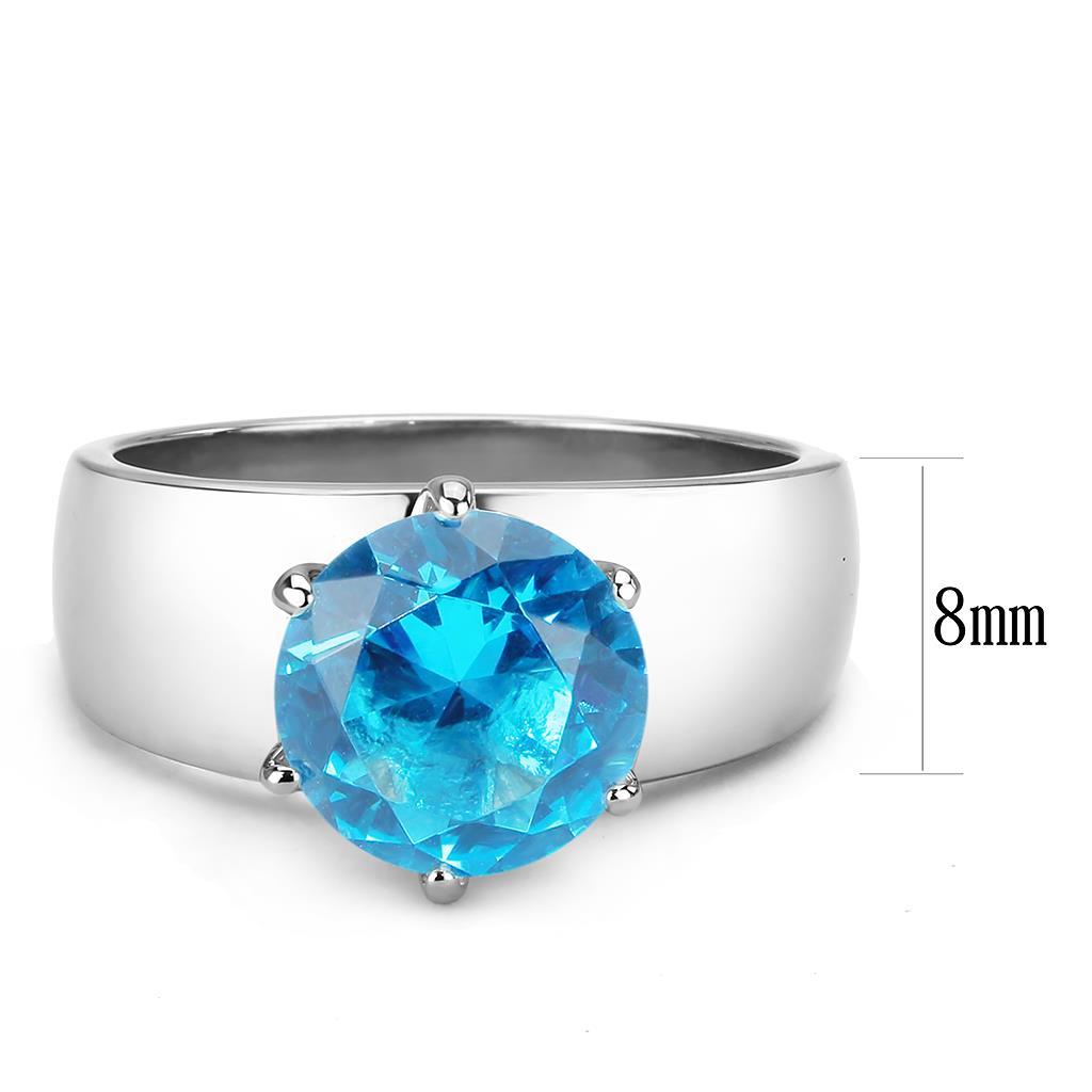 TK52003 - High polished (no plating) Stainless Steel Ring with Synthetic Glass in Sea Blue