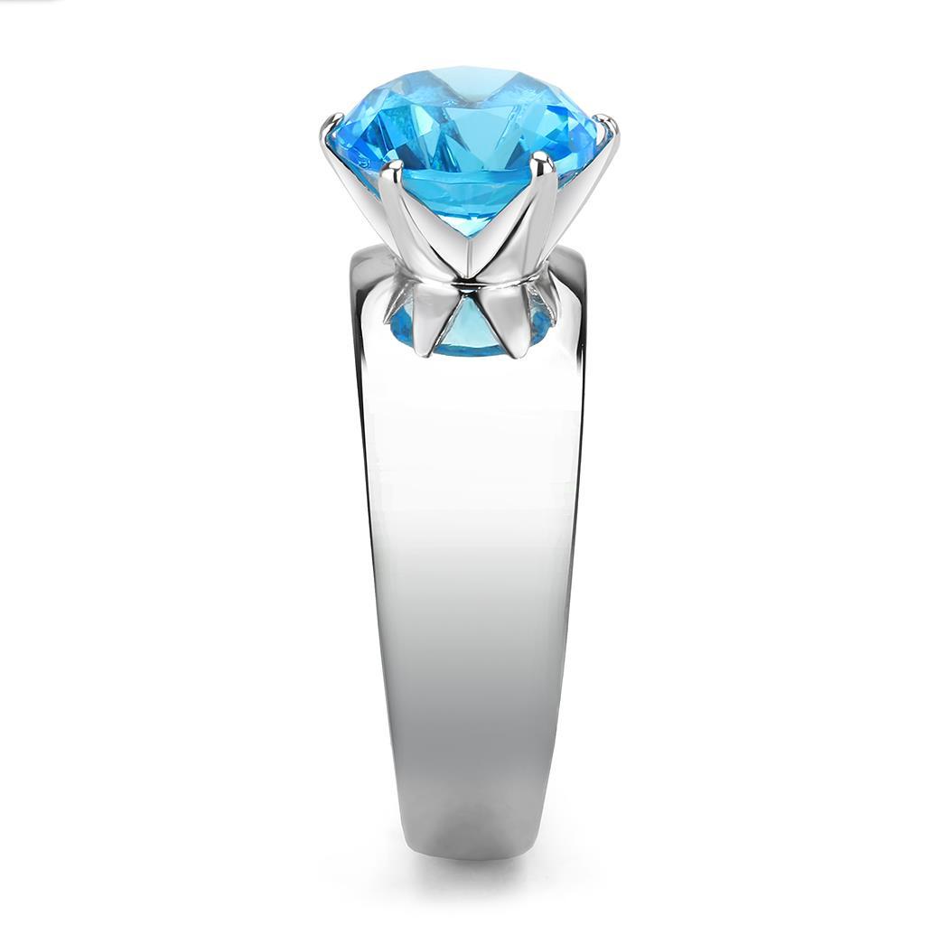 TK52003 - High polished (no plating) Stainless Steel Ring with Synthetic Glass in Sea Blue