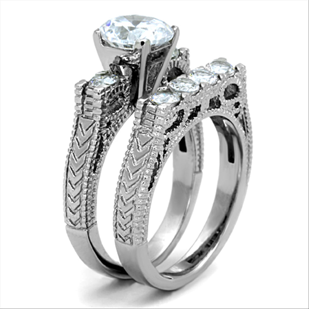 TK5X019 - High polished (no plating) Stainless Steel Ring with AAA Grade CZ in Clear