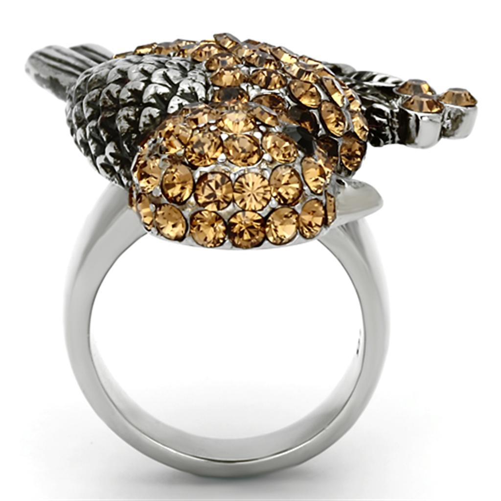 TK932 - High polished (no plating) Stainless Steel Ring with Top Grade Crystal in Smoked Quartz
