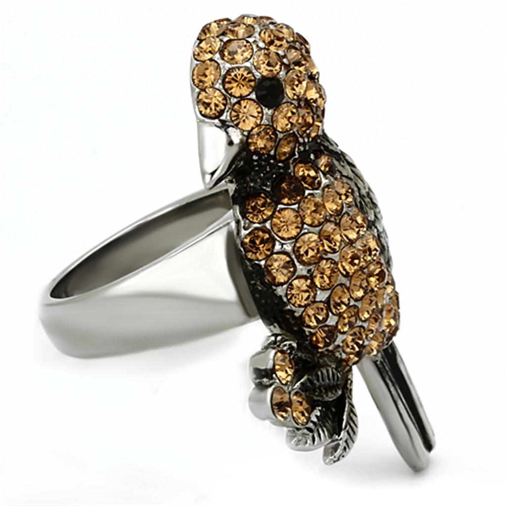 TK932 - High polished (no plating) Stainless Steel Ring with Top Grade Crystal in Smoked Quartz