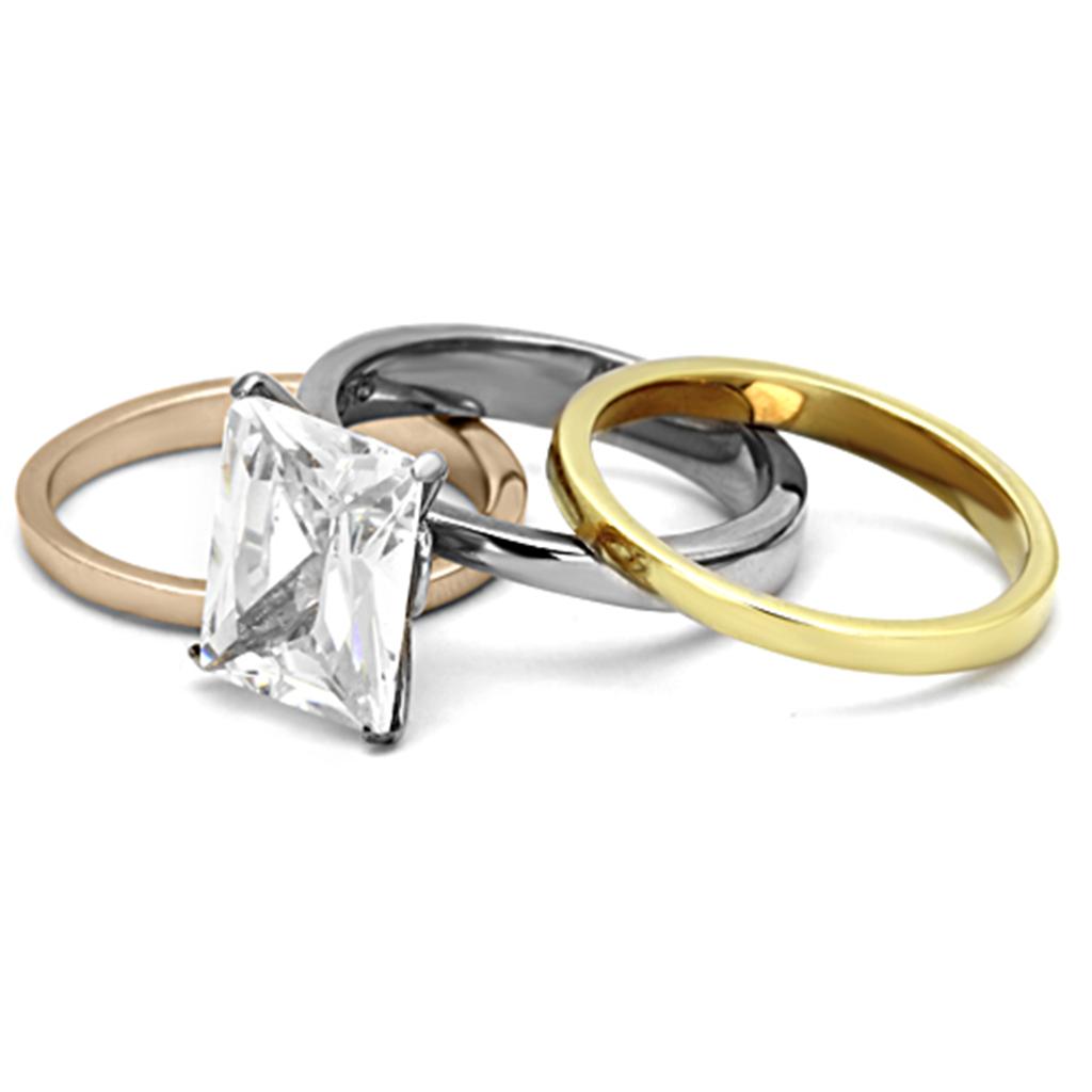 TK962 - Three Tone IP (IP Gold & IP Rose Gold & High Polished) Stainless Steel Ring with AAA Grade CZ in Clear