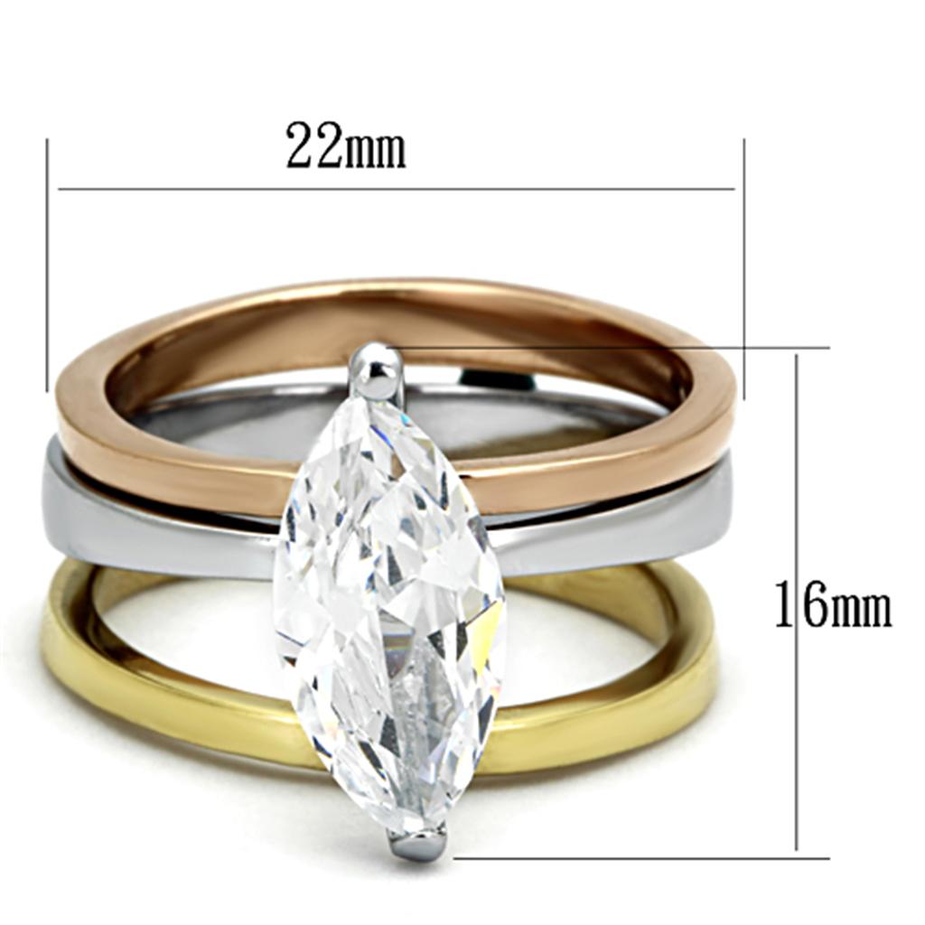 TK964 - Three Tone IP (IP Gold & IP Rose Gold & High Polished) Stainless Steel Ring with AAA Grade CZ in Clear