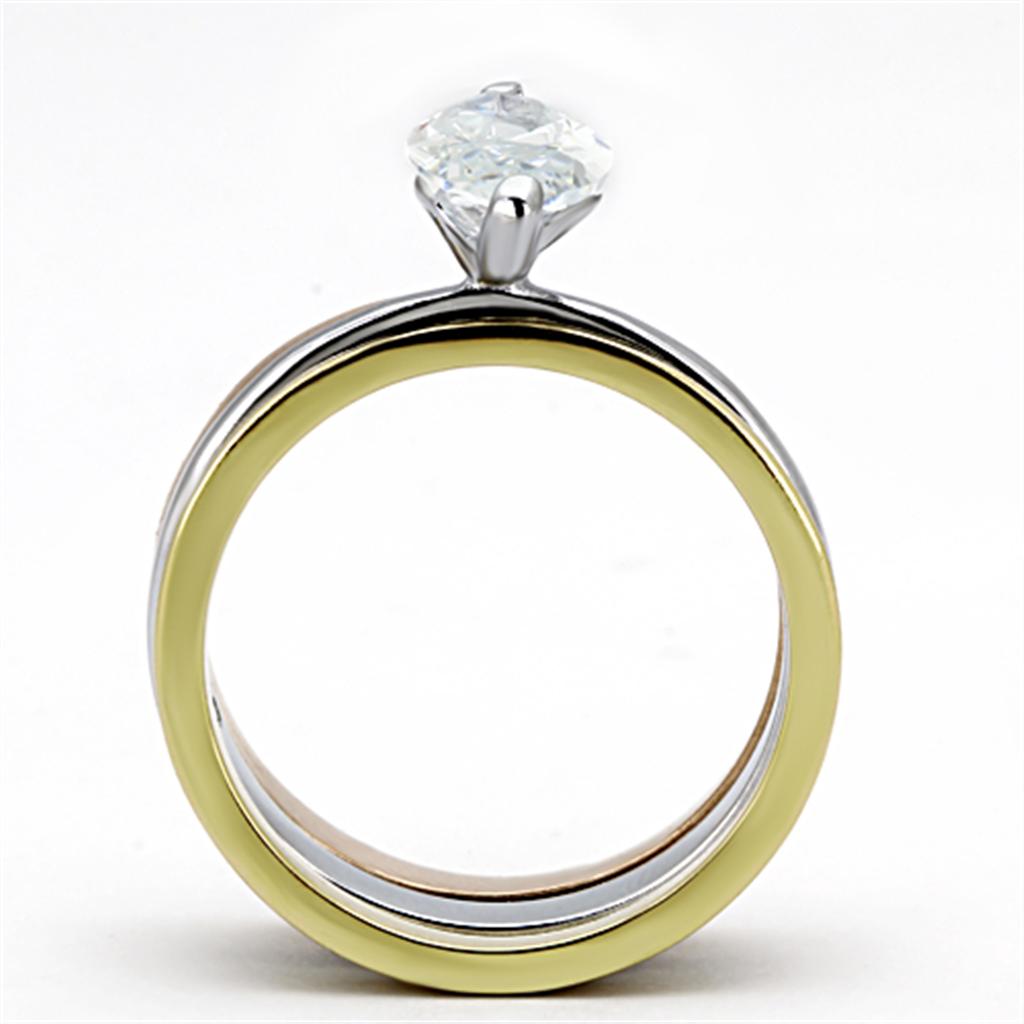 TK964 - Three Tone IP (IP Gold & IP Rose Gold & High Polished) Stainless Steel Ring with AAA Grade CZ in Clear