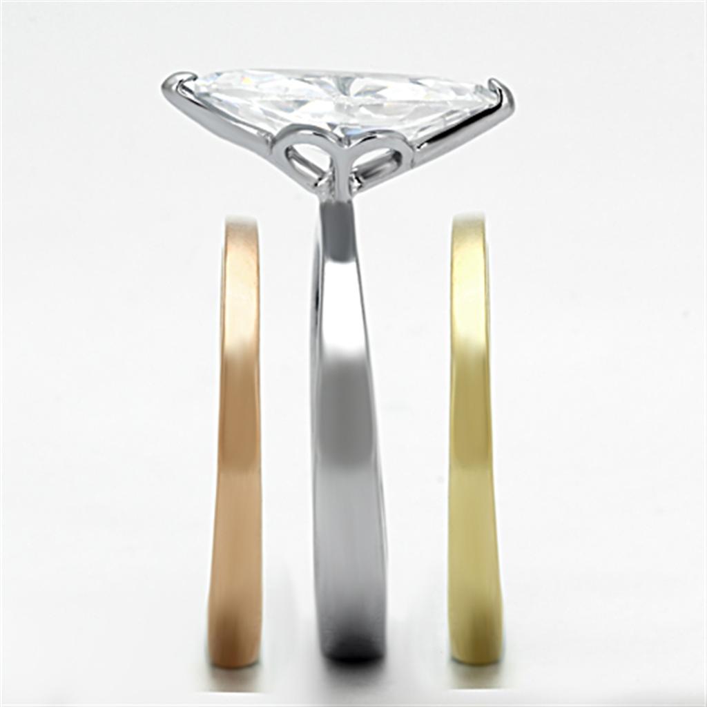 TK964 - Three Tone IP (IP Gold & IP Rose Gold & High Polished) Stainless Steel Ring with AAA Grade CZ in Clear