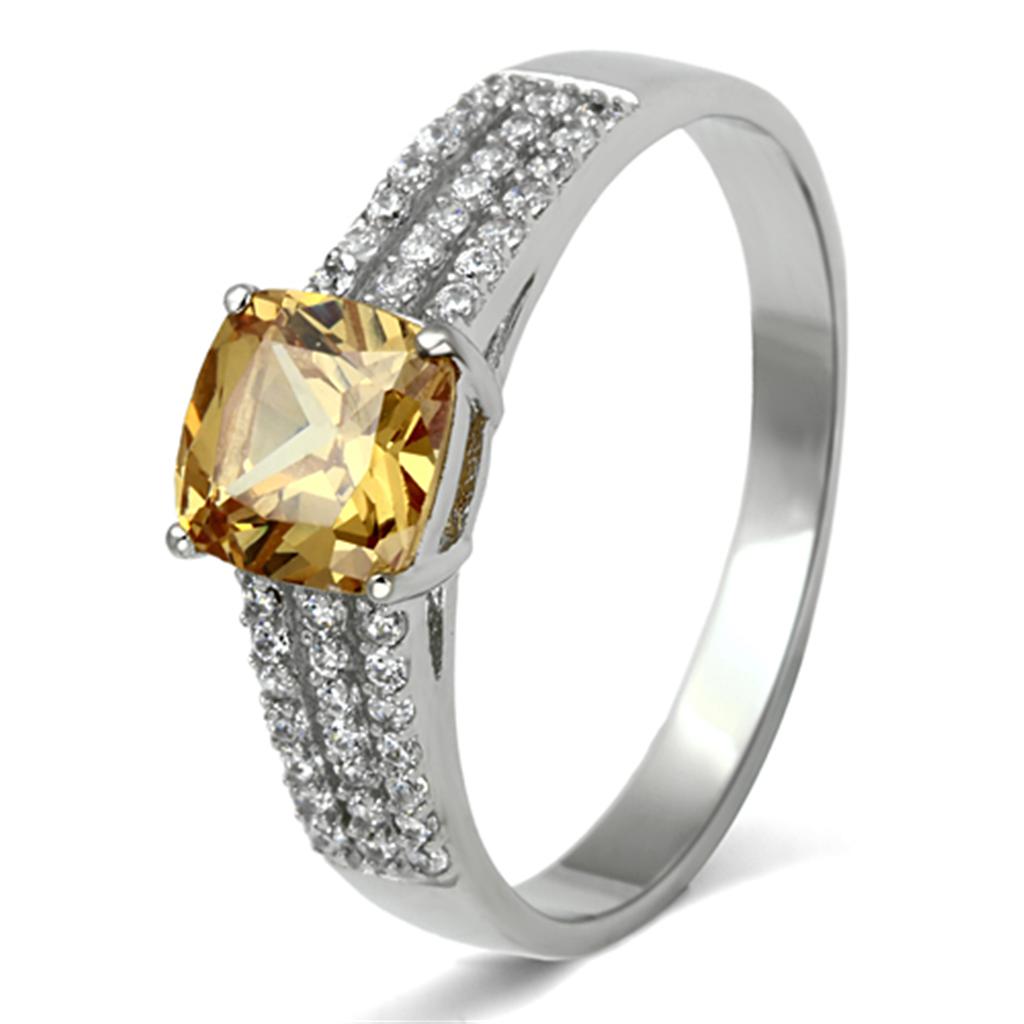 TS099 - Rhodium 925 Sterling Silver Ring with AAA Grade CZ in Champagne