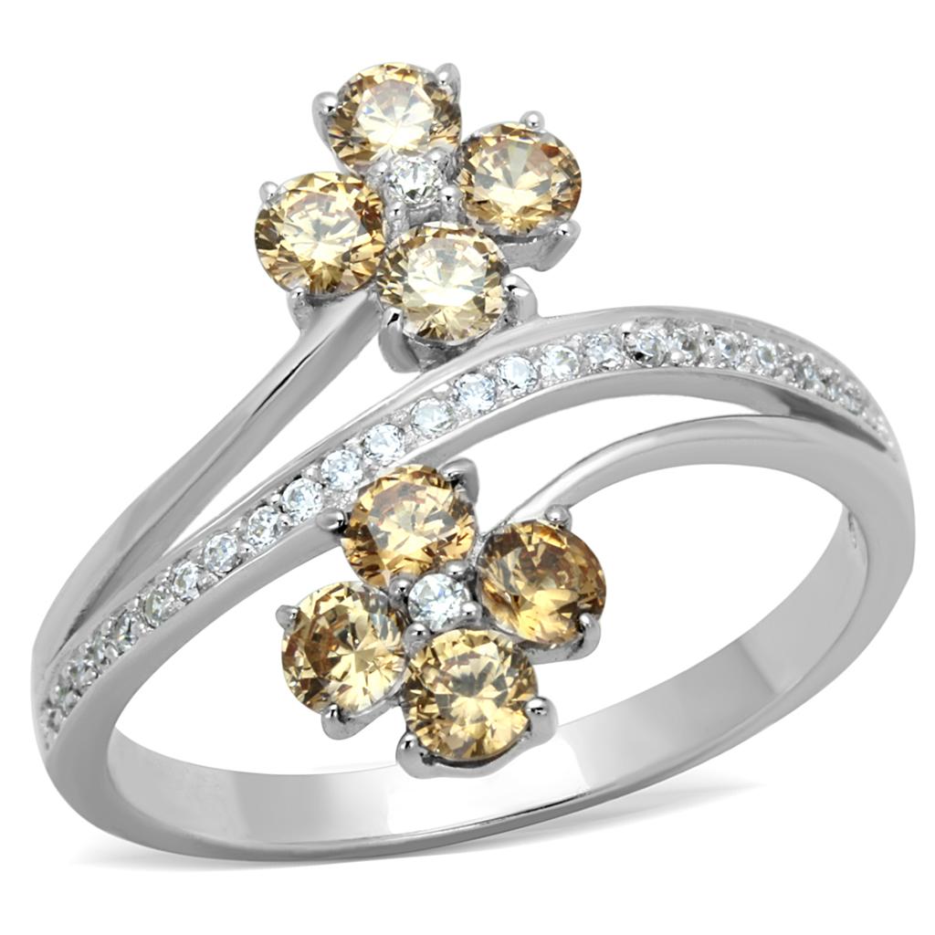 TS181 - Rhodium 925 Sterling Silver Ring with AAA Grade CZ in Champagne