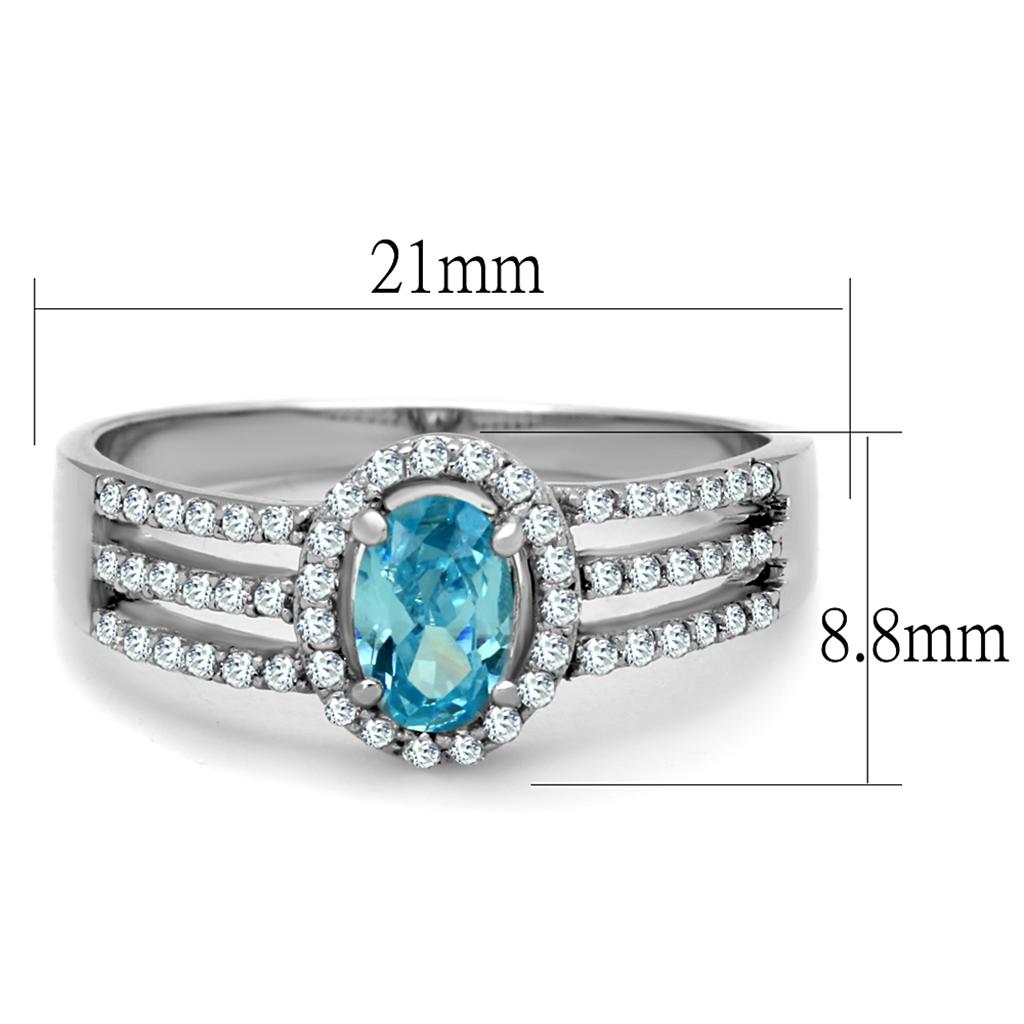 TS184 - Rhodium 925 Sterling Silver Ring with AAA Grade CZ in Sea Blue