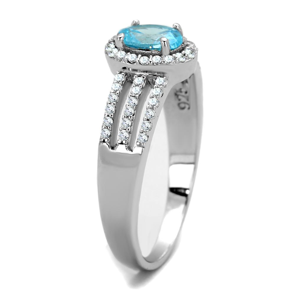 TS184 - Rhodium 925 Sterling Silver Ring with AAA Grade CZ in Sea Blue