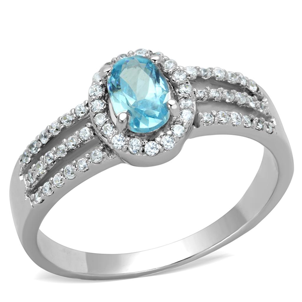 TS184 - Rhodium 925 Sterling Silver Ring with AAA Grade CZ in Sea Blue