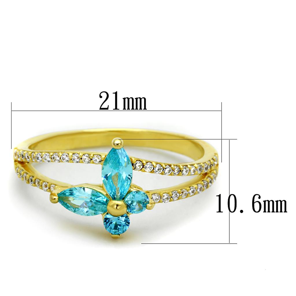 TS249 - Gold 925 Sterling Silver Ring with AAA Grade CZ in Sea Blue