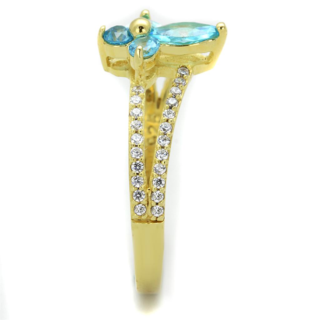 TS249 - Gold 925 Sterling Silver Ring with AAA Grade CZ in Sea Blue