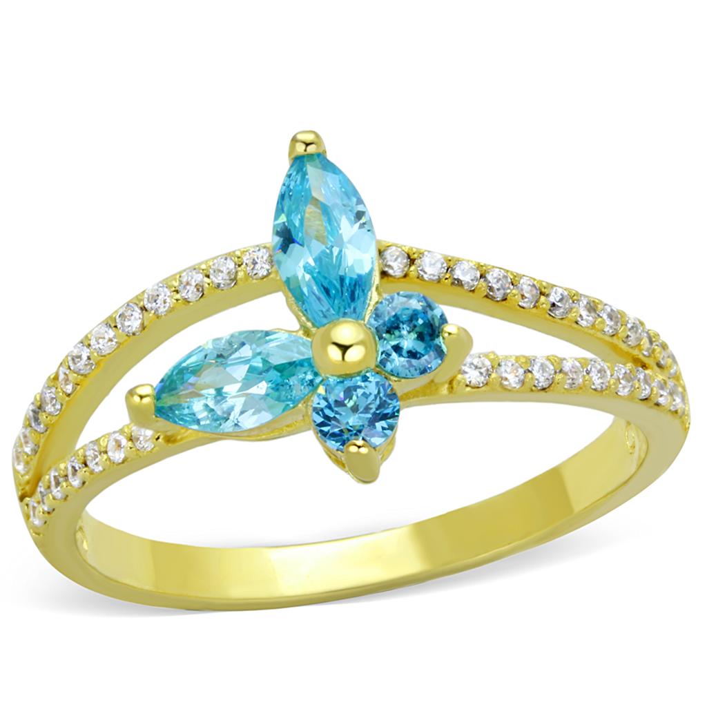 TS249 - Gold 925 Sterling Silver Ring with AAA Grade CZ in Sea Blue