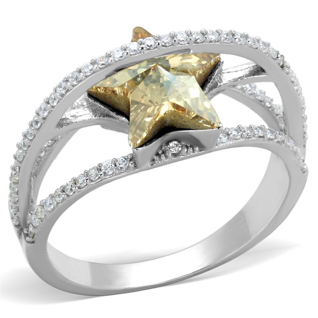 TS315 - Rhodium 925 Sterling Silver Ring with Top Grade Crystal in Citrine Yellow