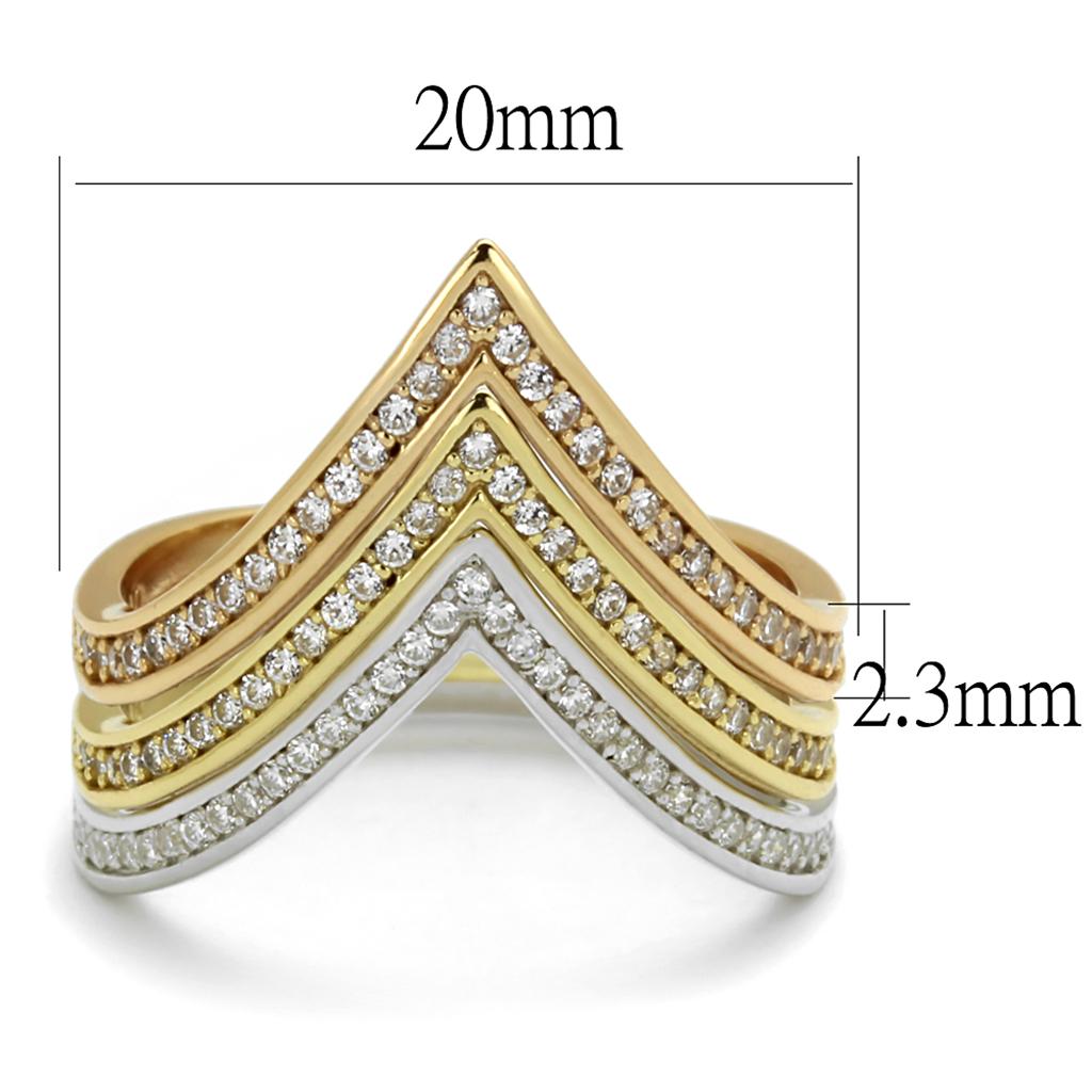 TS416 - Rhodium + Gold + Rose Gold 925 Sterling Silver Ring with AAA Grade CZ in Clear