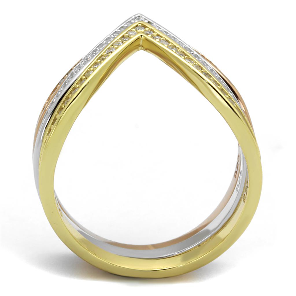 TS416 - Rhodium + Gold + Rose Gold 925 Sterling Silver Ring with AAA Grade CZ in Clear