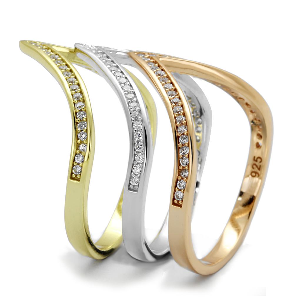 TS416 - Rhodium + Gold + Rose Gold 925 Sterling Silver Ring with AAA Grade CZ in Clear