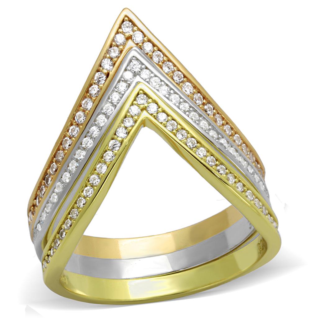 TS416 - Rhodium + Gold + Rose Gold 925 Sterling Silver Ring with AAA Grade CZ in Clear
