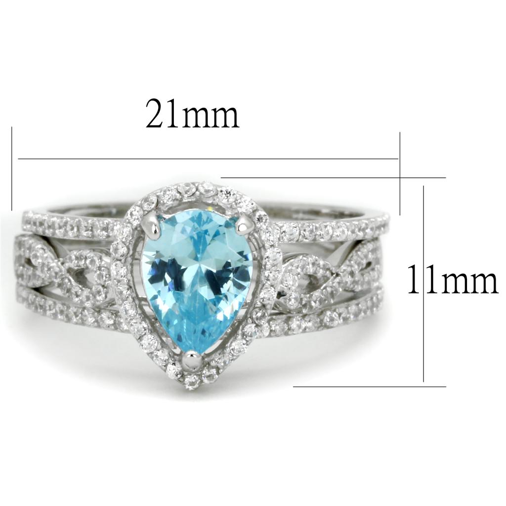 TS453 - Rhodium 925 Sterling Silver Ring with AAA Grade CZ in Sea Blue