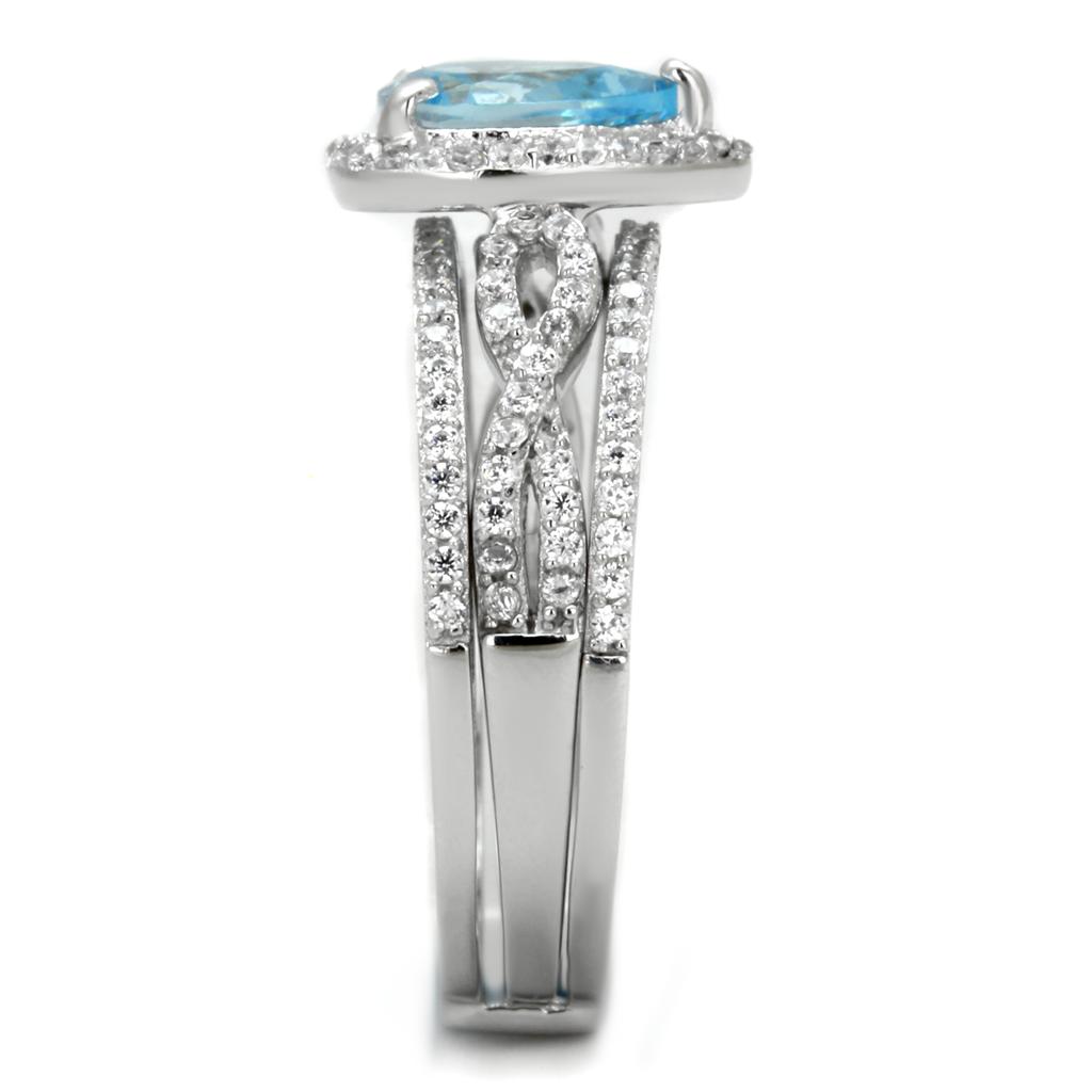 TS453 - Rhodium 925 Sterling Silver Ring with AAA Grade CZ in Sea Blue