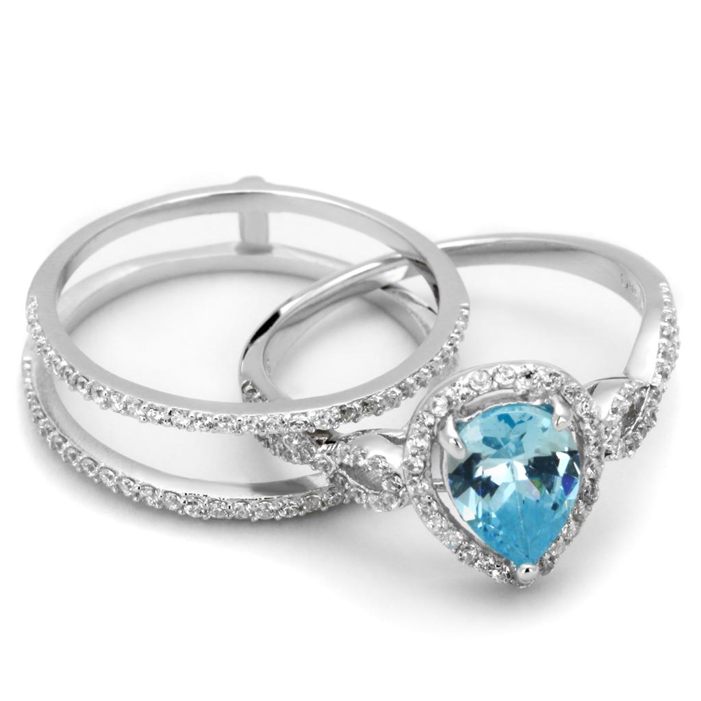 TS453 - Rhodium 925 Sterling Silver Ring with AAA Grade CZ in Sea Blue