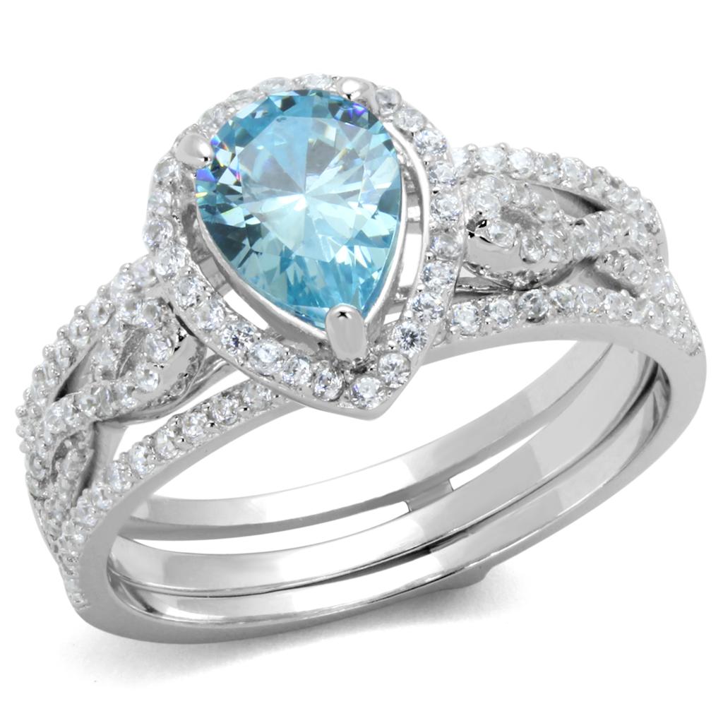 TS453 - Rhodium 925 Sterling Silver Ring with AAA Grade CZ in Sea Blue