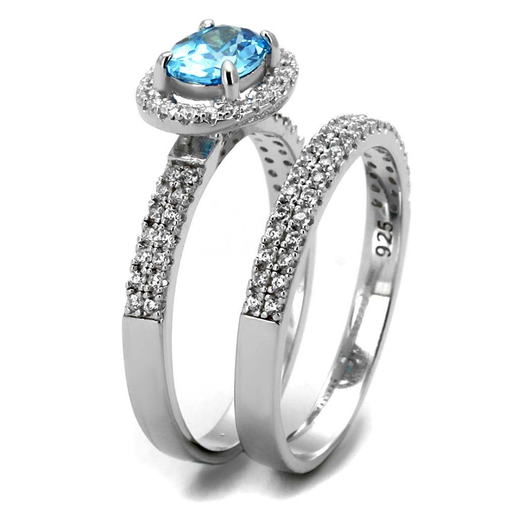 TS490 - Rhodium 925 Sterling Silver Ring with AAA Grade CZ in Sea Blue