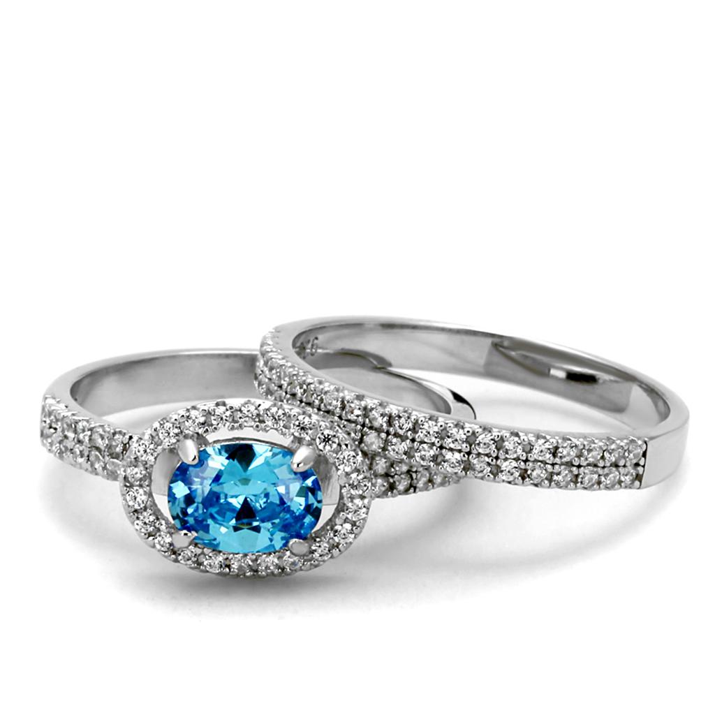 TS490 - Rhodium 925 Sterling Silver Ring with AAA Grade CZ in Sea Blue