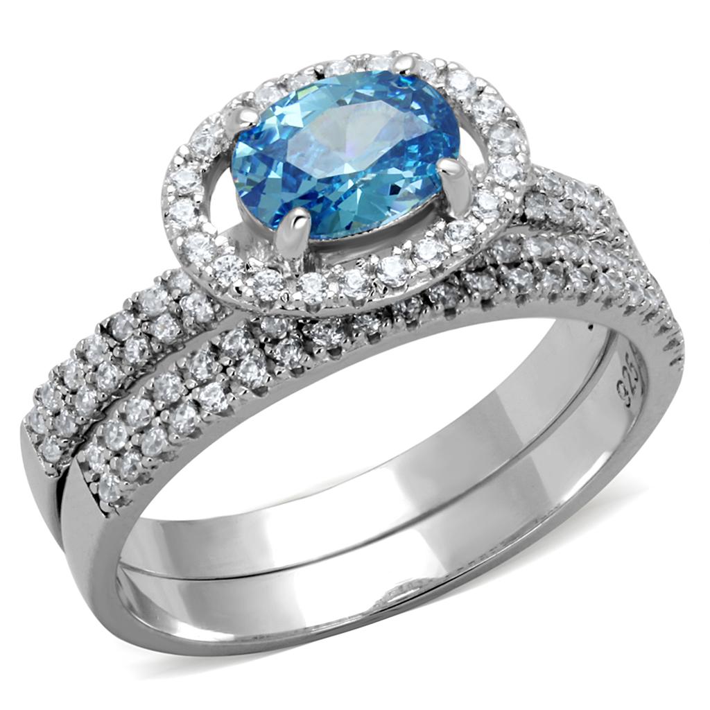 TS490 - Rhodium 925 Sterling Silver Ring with AAA Grade CZ in Sea Blue