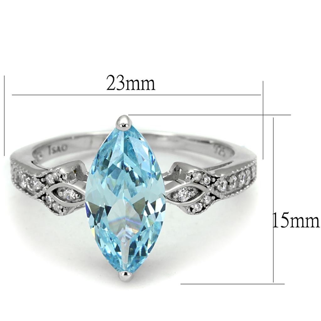 TS502 - Rhodium 925 Sterling Silver Ring with AAA Grade CZ in Sea Blue
