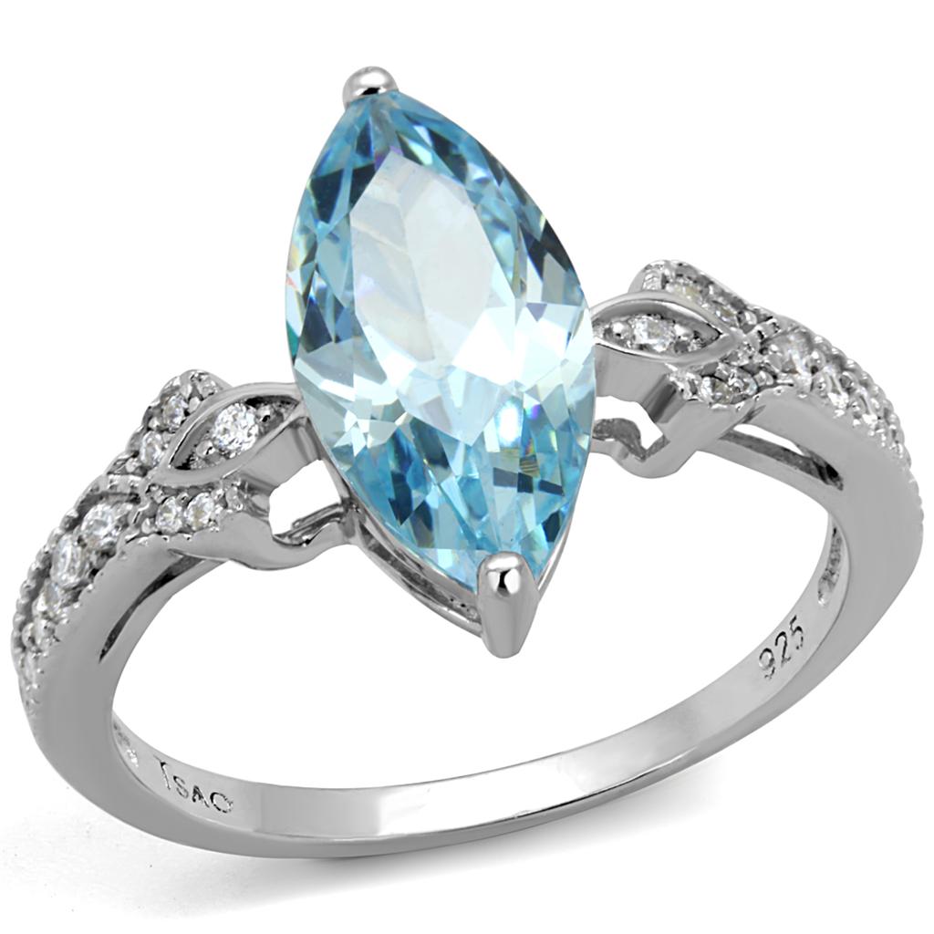 TS502 - Rhodium 925 Sterling Silver Ring with AAA Grade CZ in Sea Blue