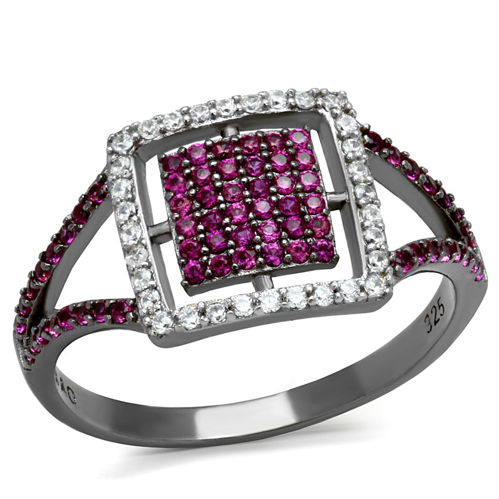 TS533 - Rhodium + Ruthenium 925 Sterling Silver Ring with AAA Grade CZ in Ruby