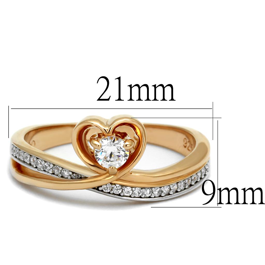 TS544 - Rose Gold + Rhodium 925 Sterling Silver Ring with AAA Grade CZ in Clear