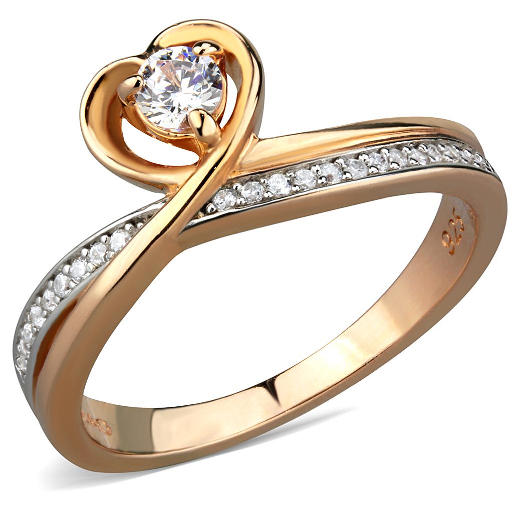 TS544 - Rose Gold + Rhodium 925 Sterling Silver Ring with AAA Grade CZ in Clear