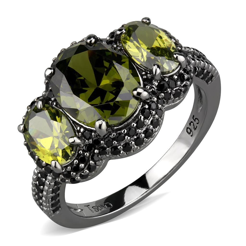 TS547 - Ruthenium 925 Sterling Silver Ring with AAA Grade CZ in Olivine color