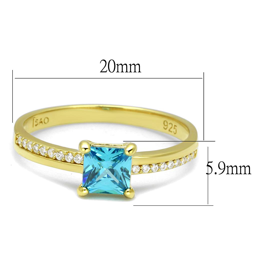 TS559 - Gold 925 Sterling Silver Ring with AAA Grade CZ in Sea Blue