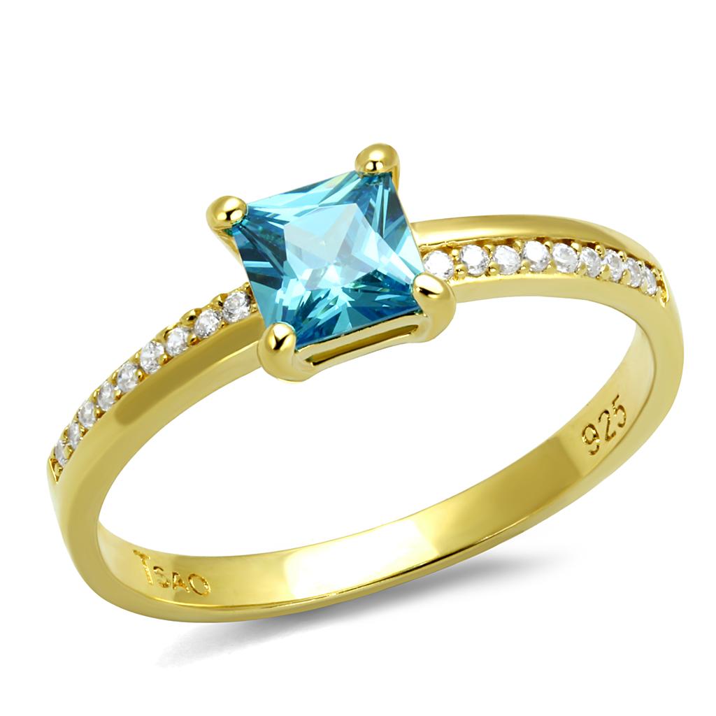 TS559 - Gold 925 Sterling Silver Ring with AAA Grade CZ in Sea Blue
