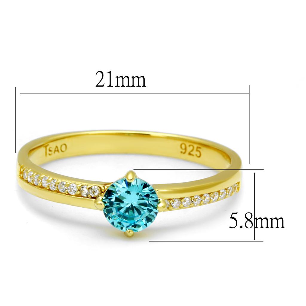 TS561 - Gold 925 Sterling Silver Ring with AAA Grade CZ in Sea Blue